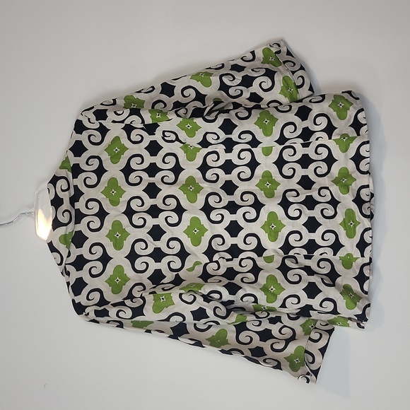 DAVID BROOKS Black Green Beige Linen Artsy V-Neck 3/4 Sleeve Blouse - Picture 8 of 11